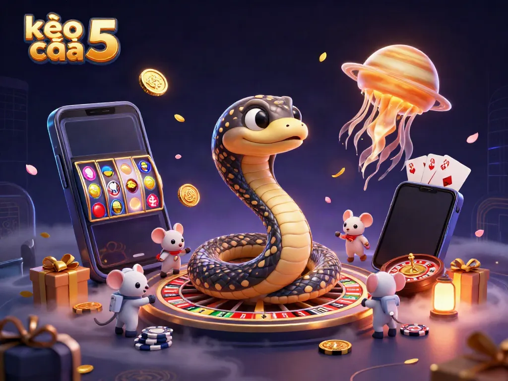 Engage in sports betting excitement with kèo nhà cái 5 illustrated by a cosmic atmosphere, featuring a Saturn ring snake and astronaut mice.