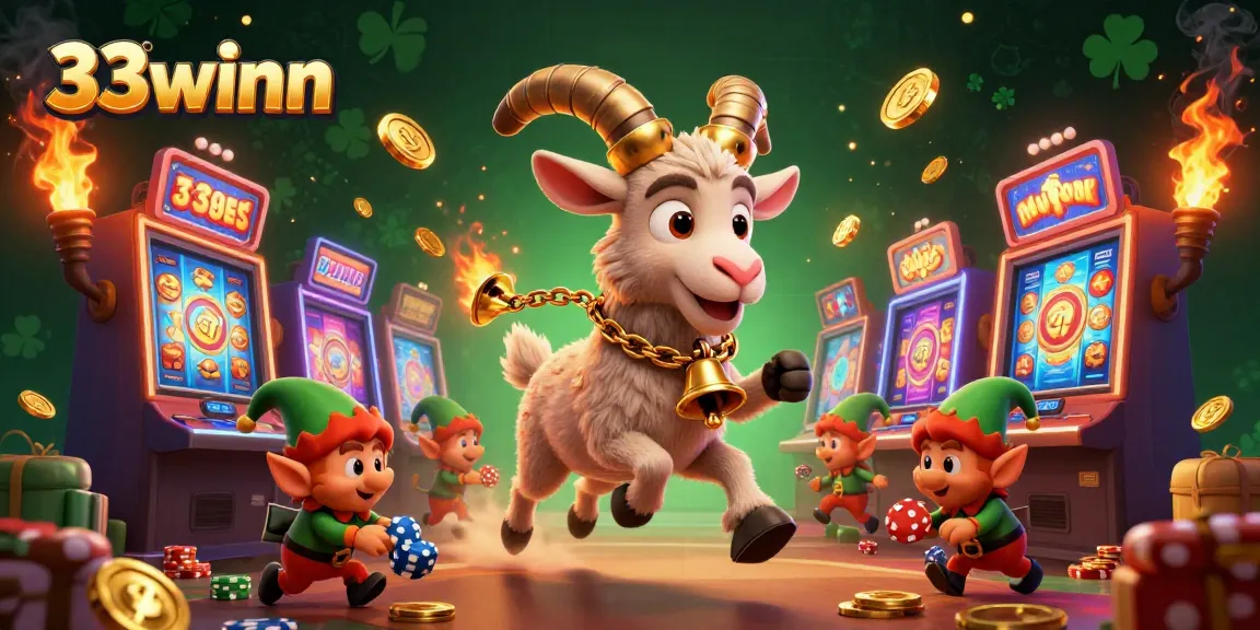 Experience the thrill of 33winn casino with Krampus, angel mouse, and elf gremlins amidst vivid gaming elements.