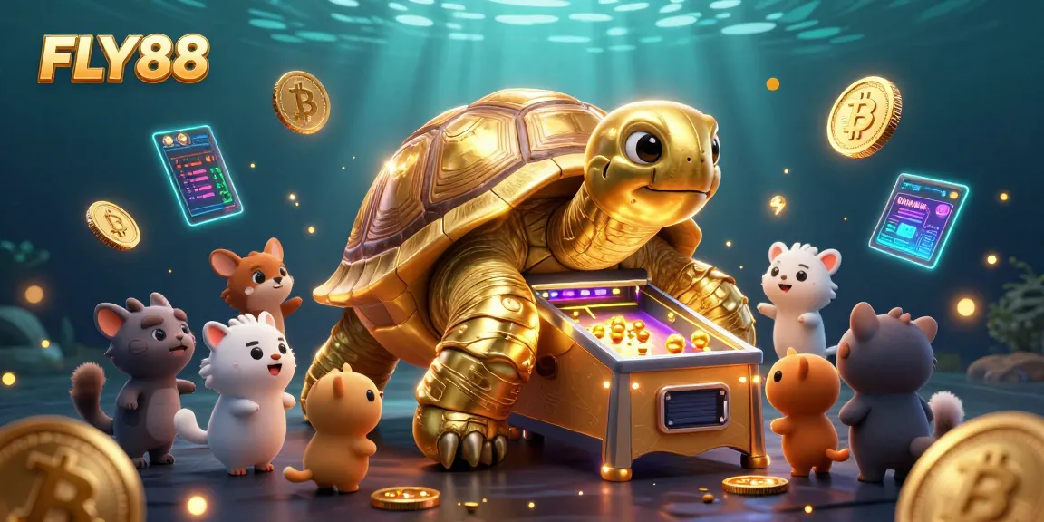 FLY88 showcases a vibrant casino scene with a golden tortoise pinball machine and crypto elements.