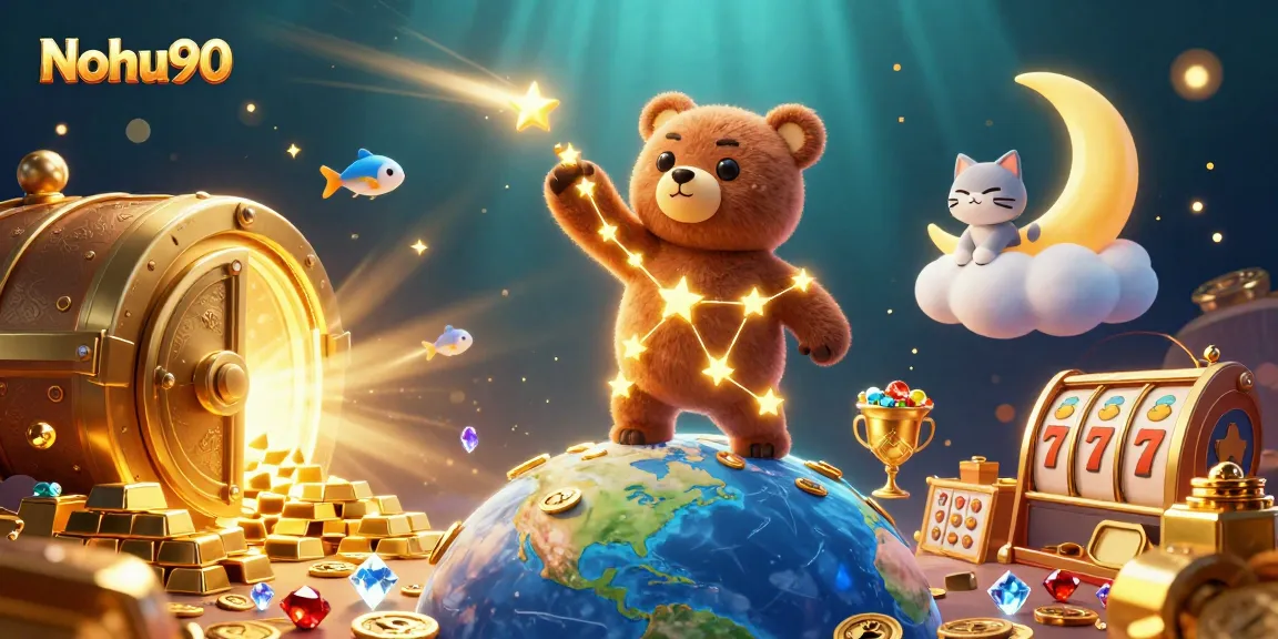 Nohu90 brings thrilling slot action with golden treasures and cosmic companions in this vibrant illustration.