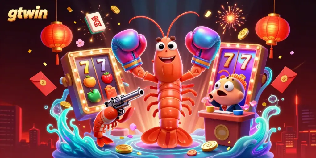 Experience the thrill of gtwin through a vibrant 3D cartoon scene filled with slots, symbols, and underwater elements.