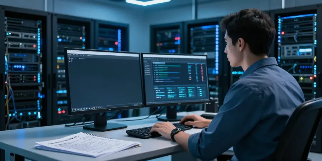 Efficient WordPress hosting setup showing a technician managing modern servers in a high-tech data center.
