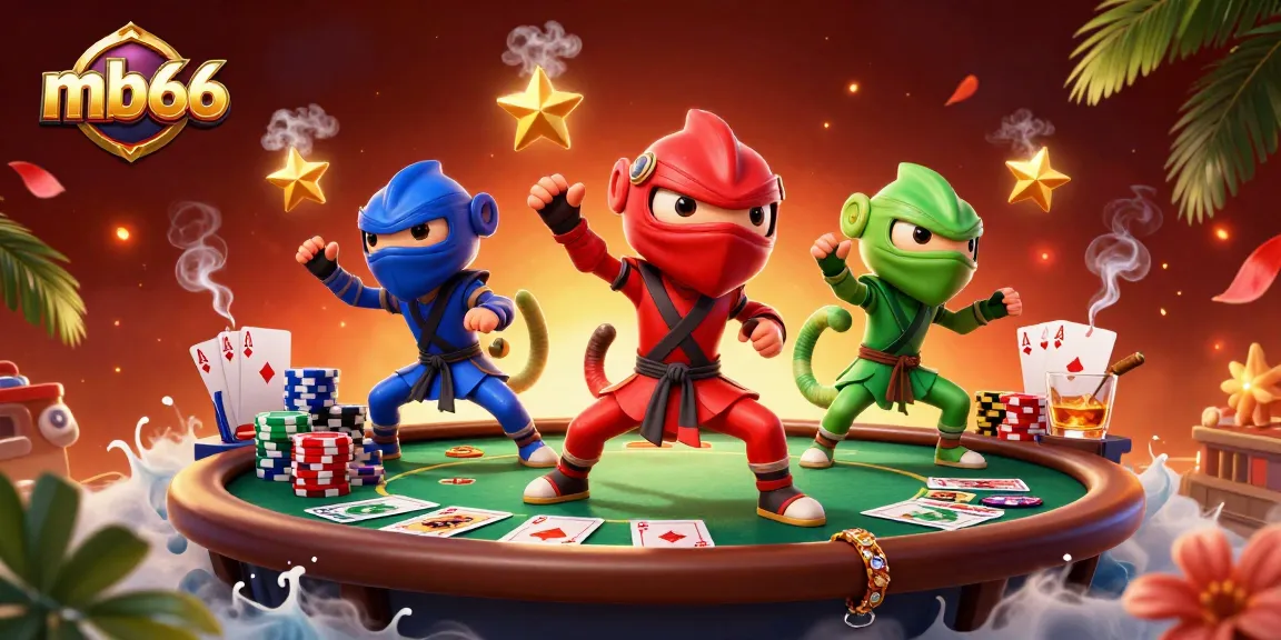 Engage in thrilling poker action with mb66, featuring chameleon ninjas and vibrant casino elements.