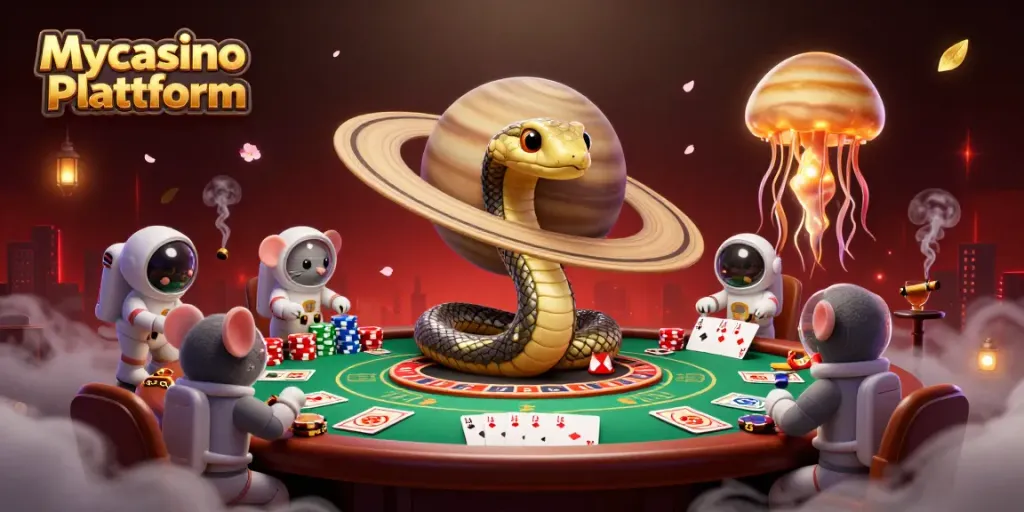 Spielen auf der Mycasino Plattform: 3D-Karussell mit Bettern und einem Dealer im Weltraum.