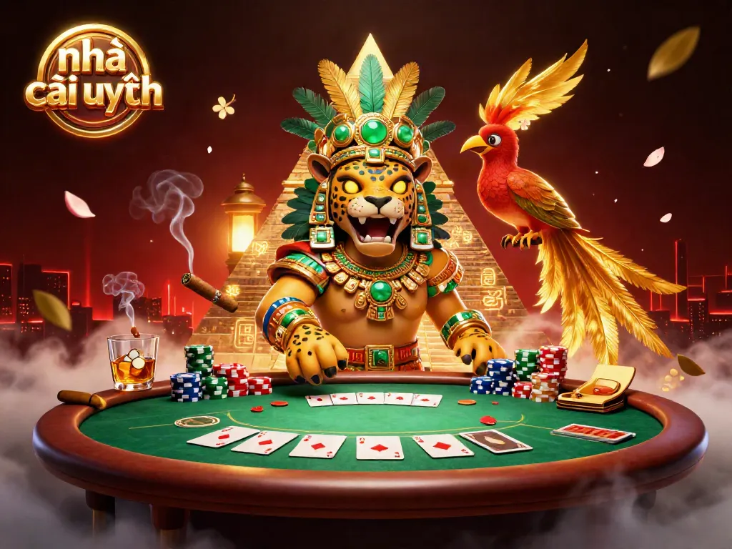 Engage with the vibrant world of nhà cái uy tín, featuring a Mayan priest and colorful poker elements.