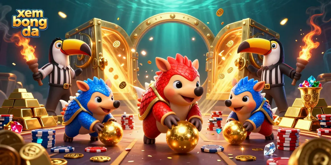 Xem bong da with vibrant pangolin characters and gold treasure elements creates a rich gambling scene