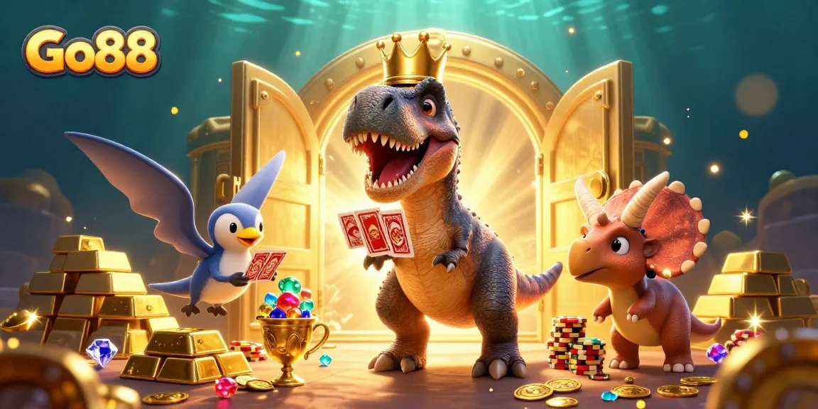 Go88's T-Rex deals cards in a vibrant casino scene with gem treasures and air-filled excitement.