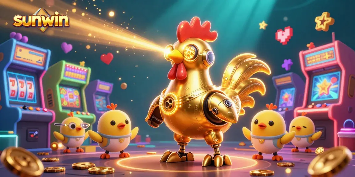 Win big with sunwin in this vibrant 3D casino scene featuring a golden rooster and gaming machines.