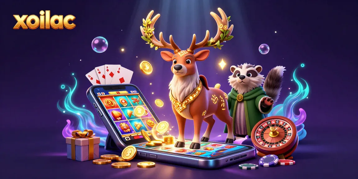 Xoilac sports betting scene with a mystical stag and badger amidst vibrant casino elements.