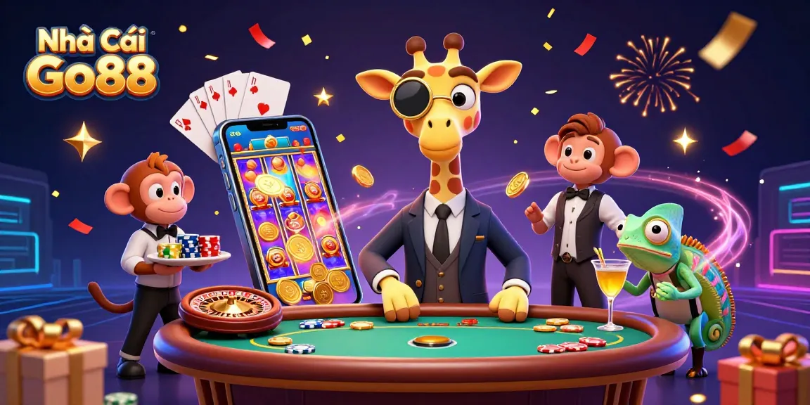Experience the excitement at Nhà Cái Go88 with vibrant games, golden cocktails, and a captivating illustration.