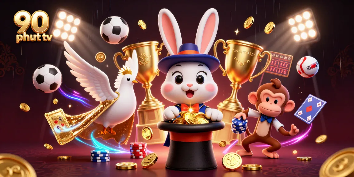 Engage with 90 phut tv as a 3D magician rabbit produces golden coins in a lively sports betting environment.