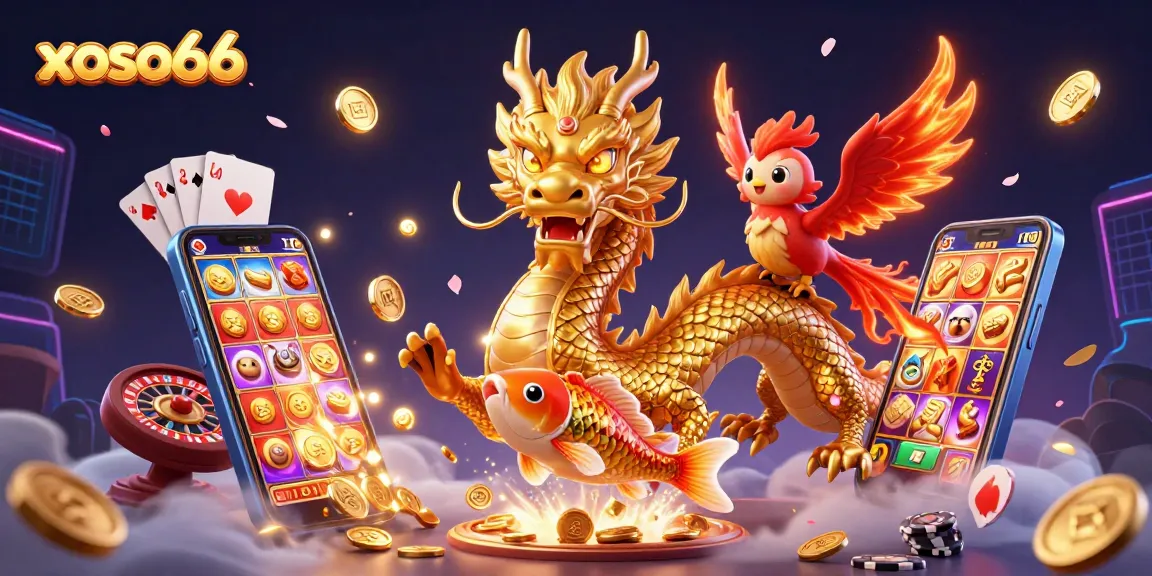 Experience thrilling gaming with xoso66, featuring a vibrant dragon, phoenix, and koi in a dynamic casino scene.