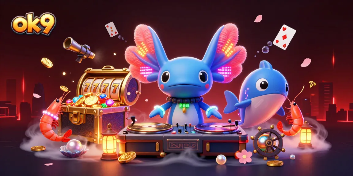 Experience the thrill of ok9 with engaging 3D elements including a neon axolotl DJ and vibrant casino motifs.