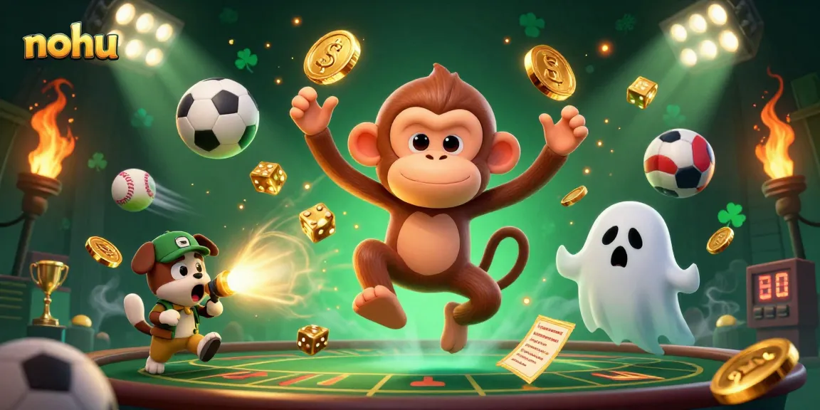 Nohu promotes an exciting haunted casino scene with a playful poltergeist monkey and ghost-hunter puppy.