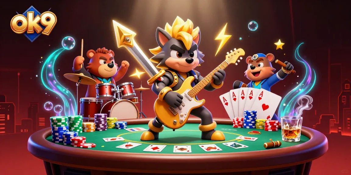 ok9 elevates excitement with a rock star wolf playing guitar on stage amidst vibrant casino elements.