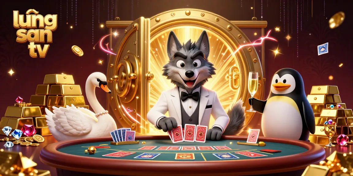 Lương Sơn TV showcases a debonair wolf, elegant swan, and penguin sommelier in a vibrant gambling scene filled with treasures and high-stakes action.