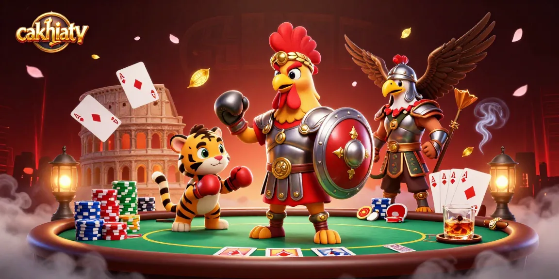 Experience thrilling action with cakhiatv in a vibrant 3D gladiator scene surrounded by poker elements.