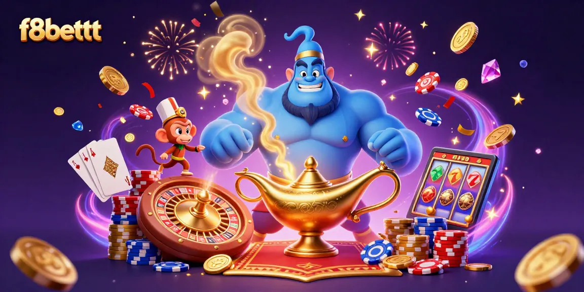 Experience the thrill of f8bettt with a wealthy genie and festive casino elements in vibrant illustration.