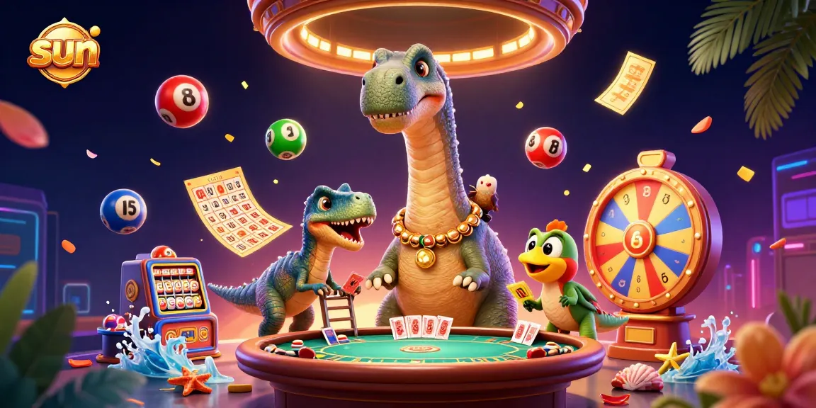 Engage with sun-themed gaming excitement in this vibrant 3D casino illustration featuring unique characters and dynamic elements.